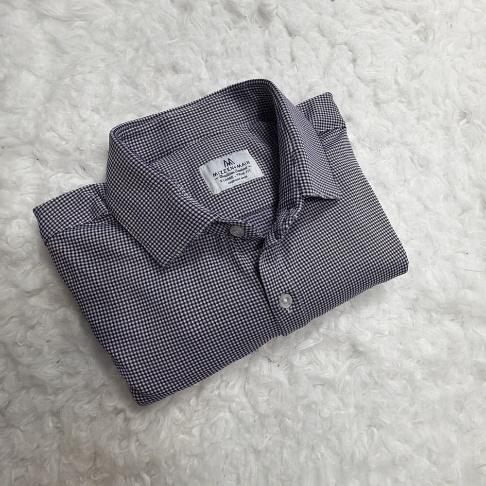 MIZZEN+MAIN Shirt  XL Slim‎ Trim Fit Gingham Check  Sleeve Button Mens X-Large